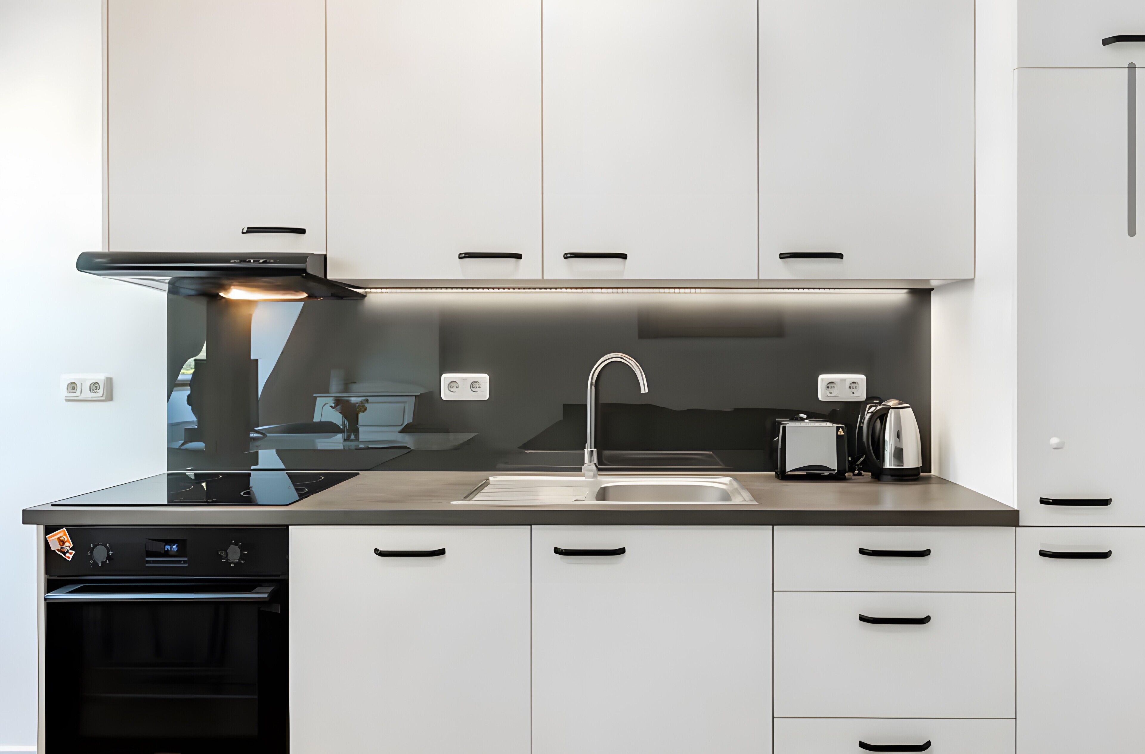 Kühlschrank, Ofen, Herdplatte, Wasserkocher mit Kaffee-/Teezubehör
