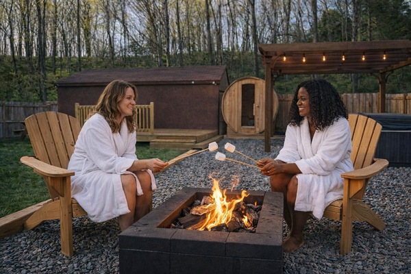 Unwind under the stars, cozy robes, crackling fire, and s’mores by the fire pit