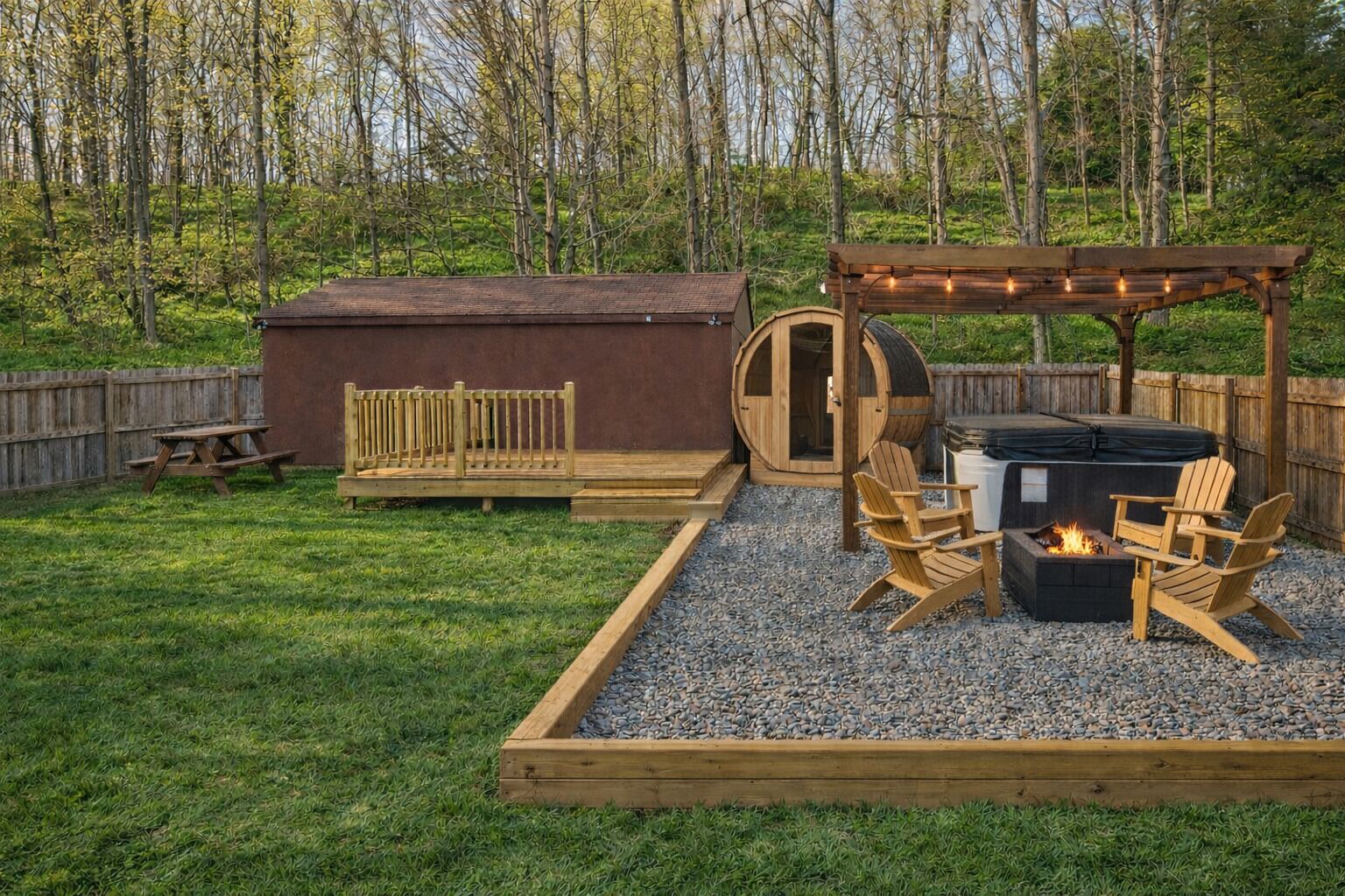 A backyard with a wooden deck, a hot tub, and a fire pit area with Adirondack chairs.