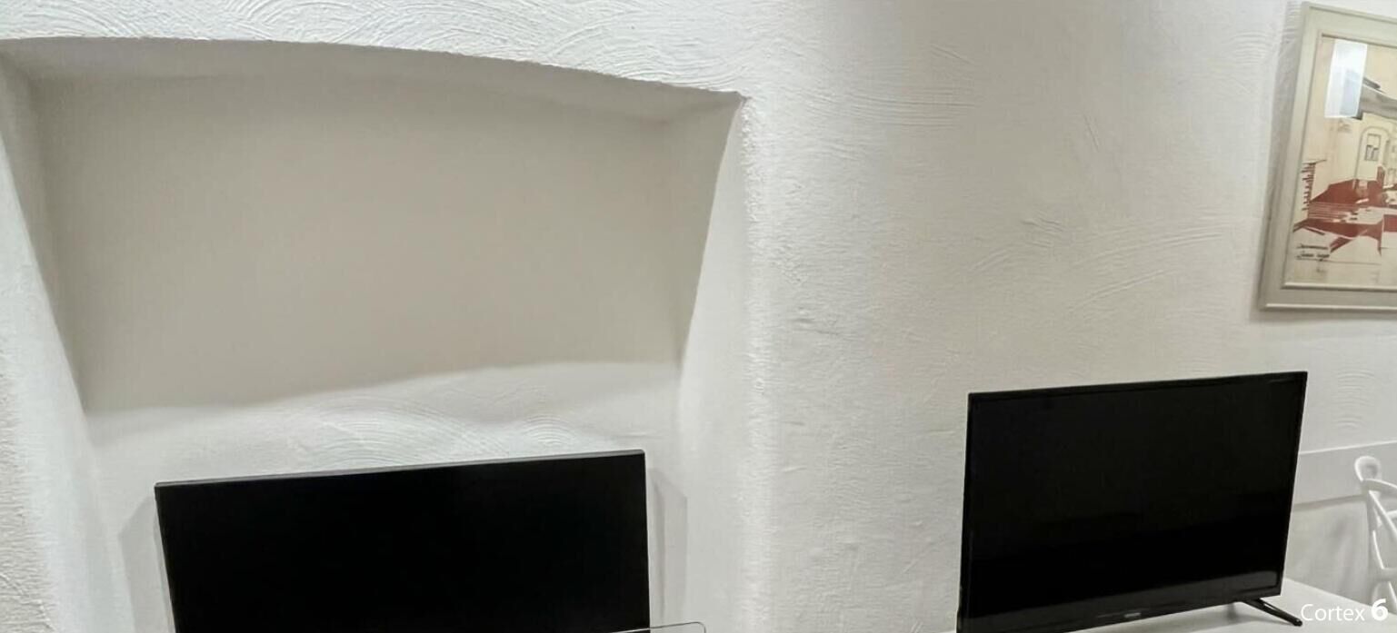 Ein Zimmer mit einer weiß strukturierten Wand, zwei schwarzen Flachbildfernsehern auf Ständern und einem gerahmten Kunstwerk über dem Fernseher rechts.