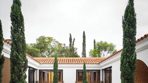 Un patio con fuente central, altos cipreses y un diseño geométrico en la pared.