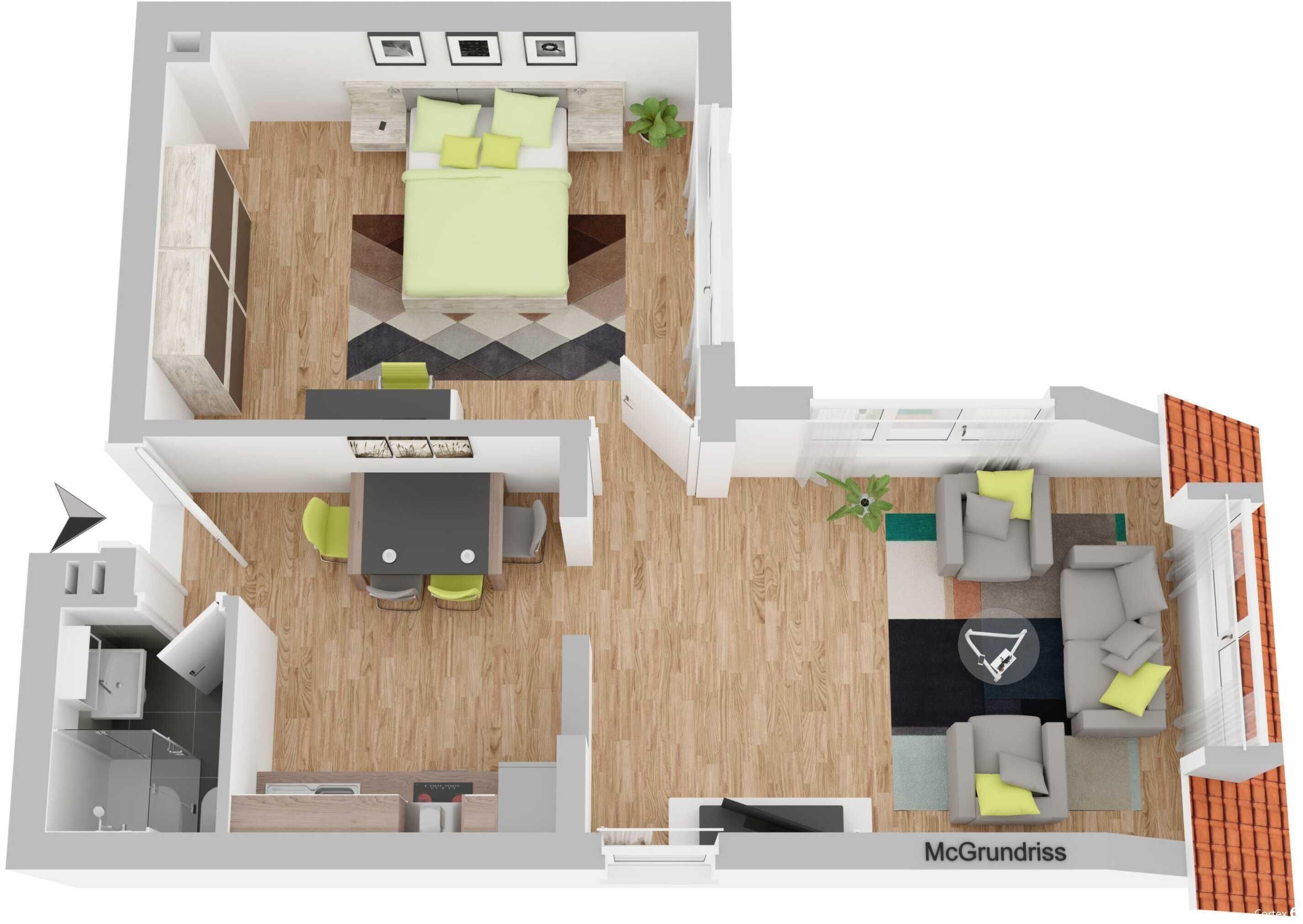 Grundriss einer 2-Zimmer-Wohnung mit Essbereich, Küche und Wohnzimmer.