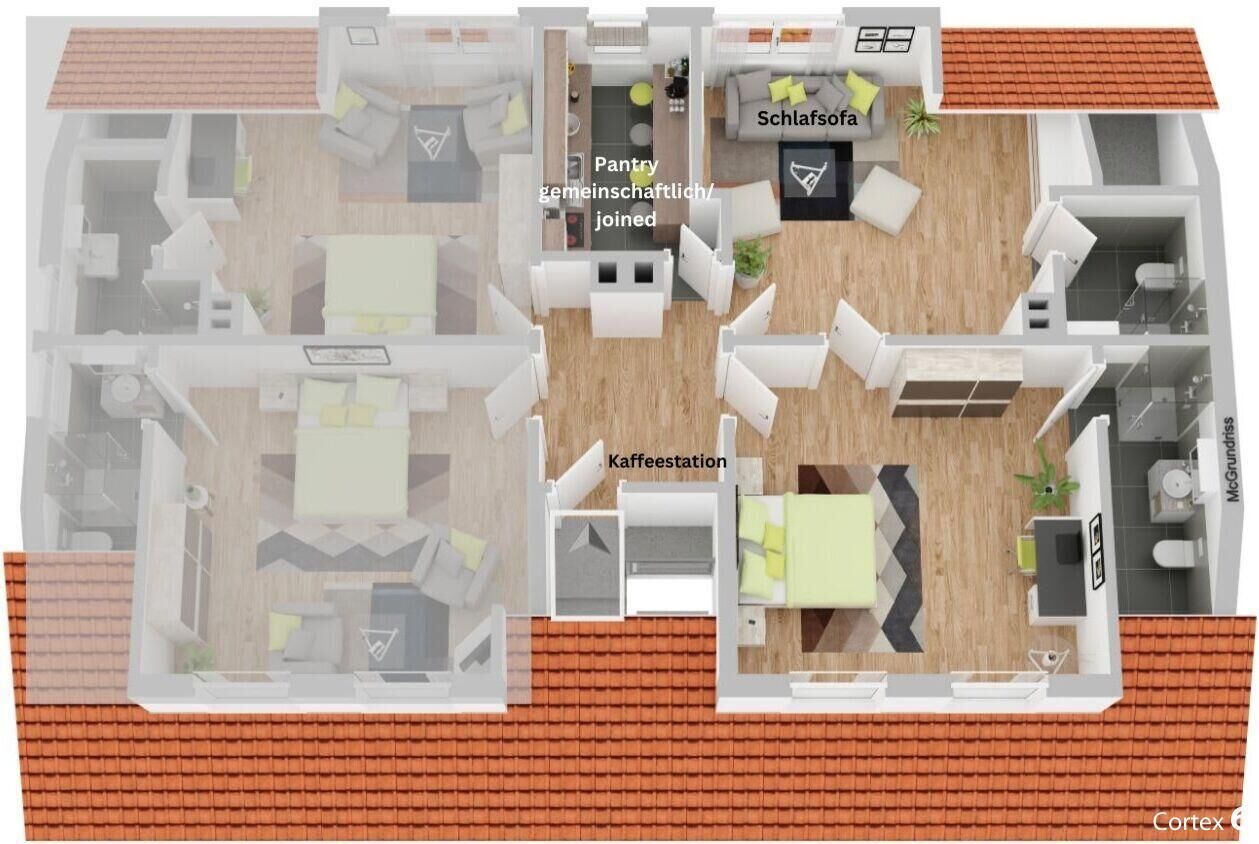 Planta baixa de um hotel, com cozinha comunitária, sala de estar e cozinha compacta.