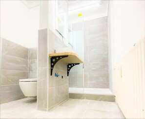 Shower, hair dryer, shampoo