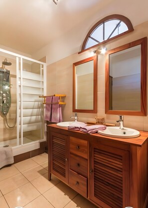 Shower, hair dryer, towels