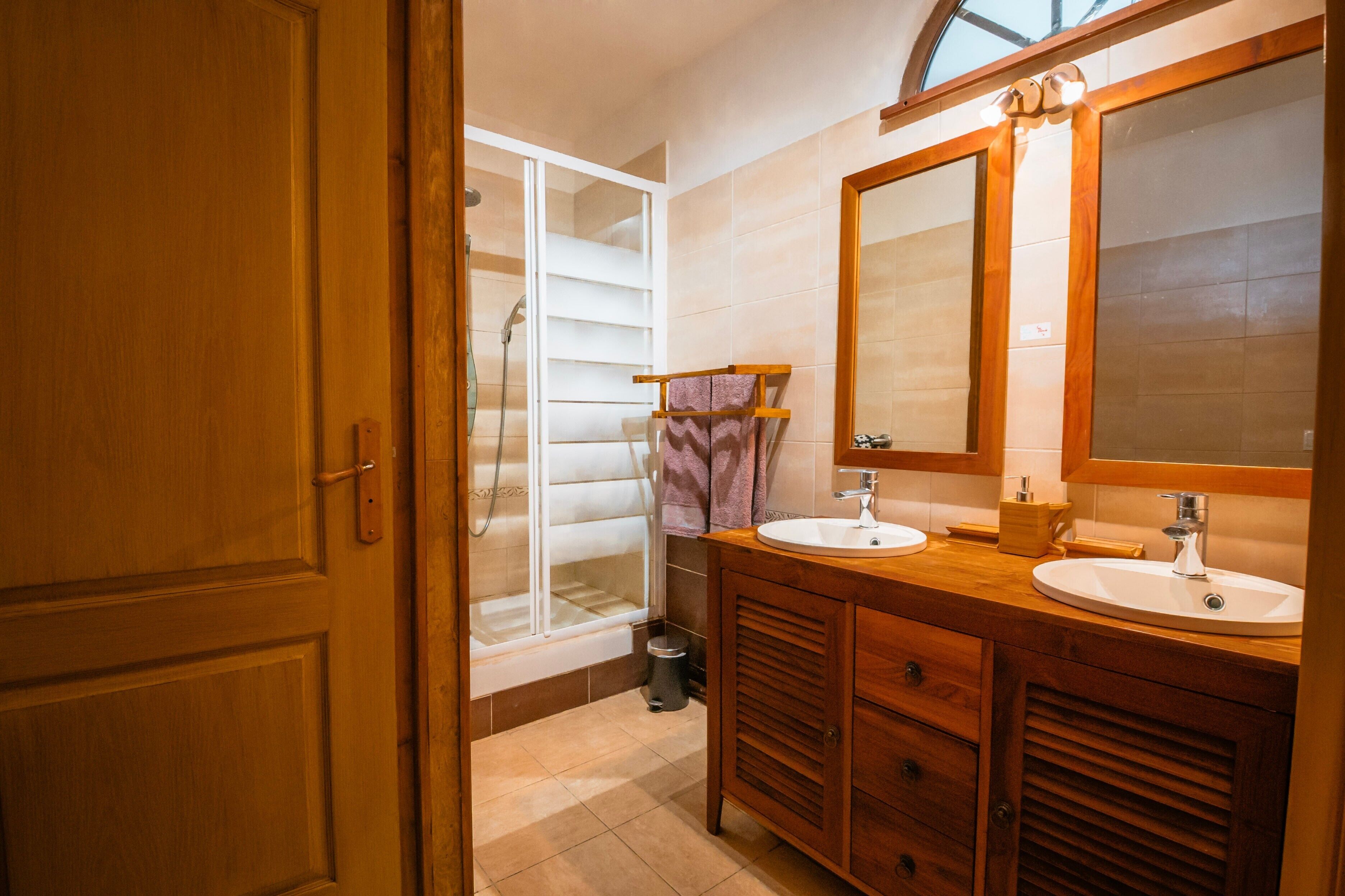 Shower, hair dryer, towels