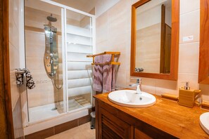 Shower, hair dryer, towels