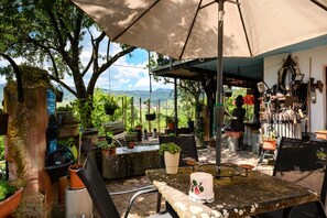 An outdoor patio with a table, chairs, potted plants, and a view of the countryside.