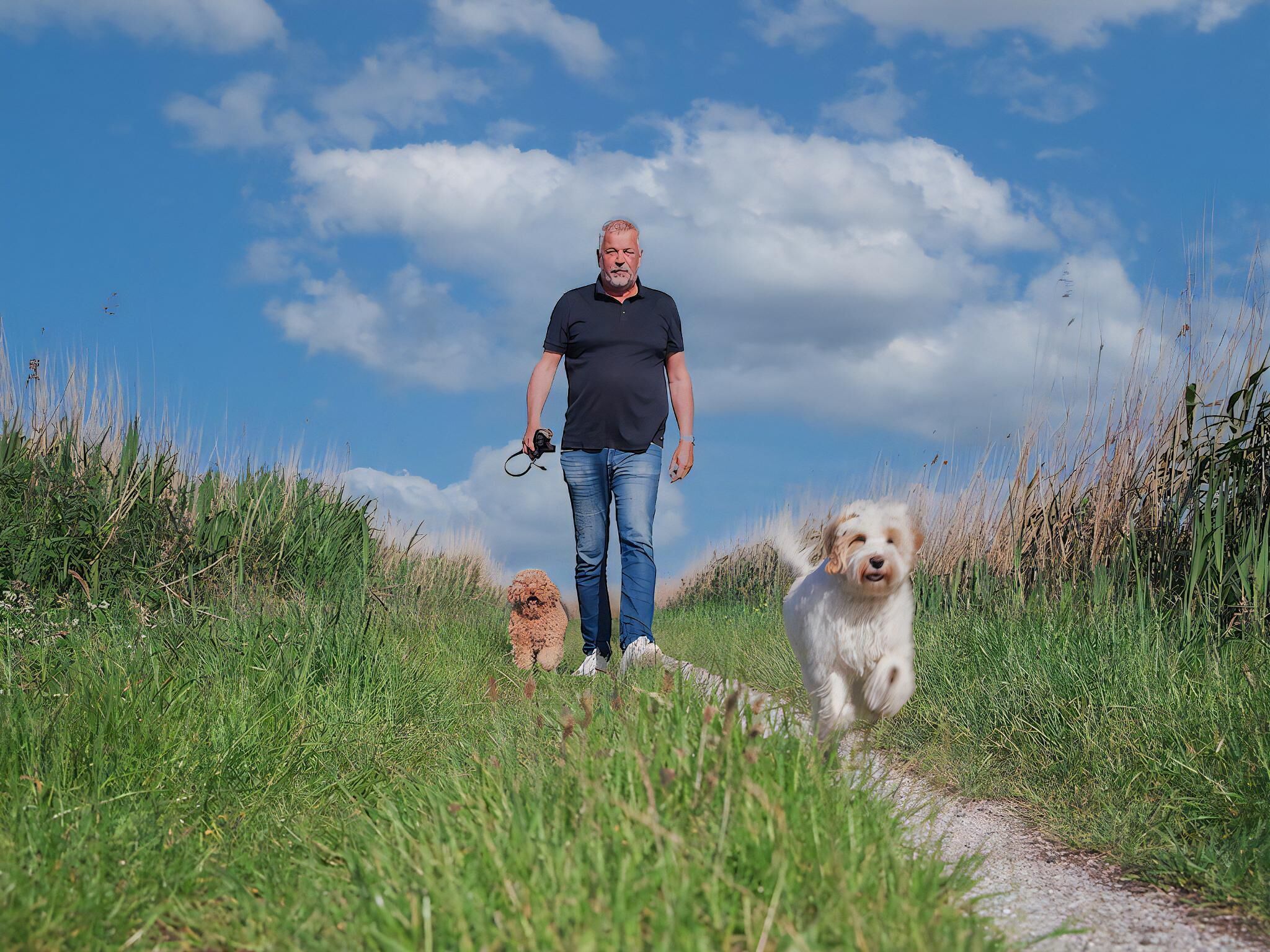 Un homme promène un chien sur un sentier herbeux, sous un ciel dégagé.