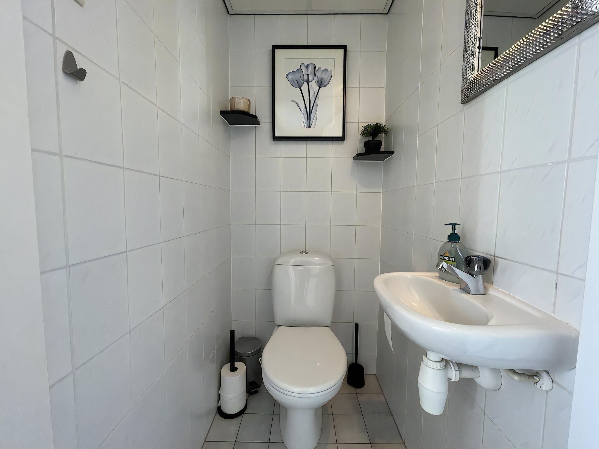 Un baño pequeño y moderno con azulejos blancos, un inodoro, un lavamanos, un cuadro en la pared y una pequeña estantería con una planta.