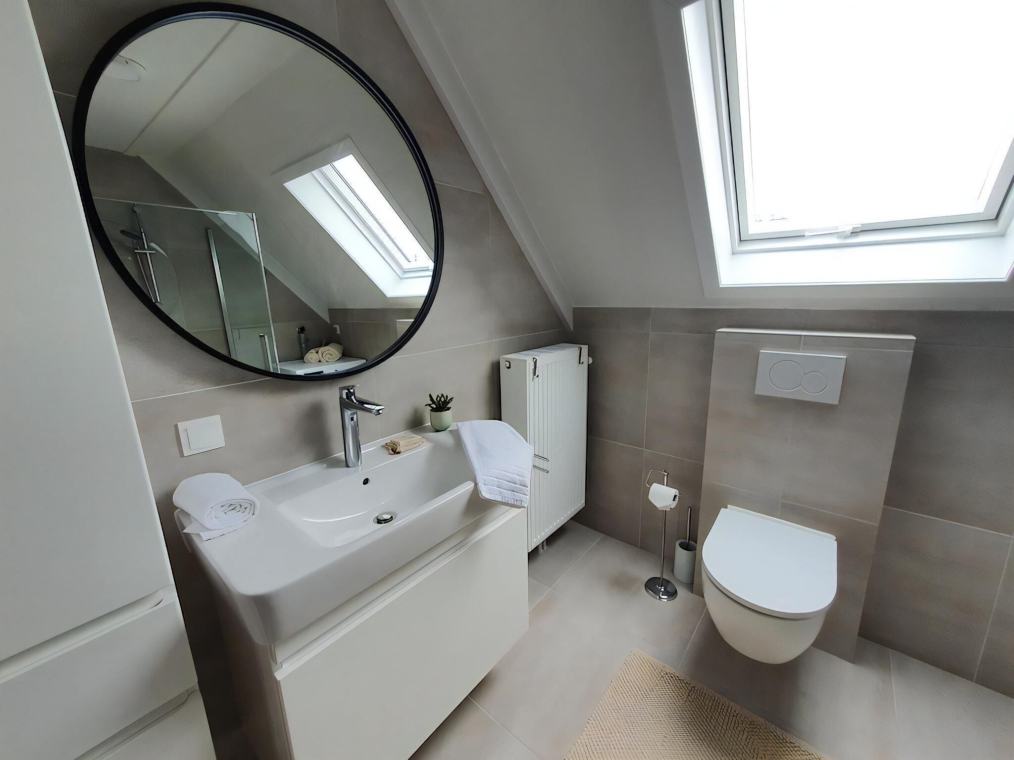 A modern bathroom with a freestanding bathtub, a toilet, and a large mirror.