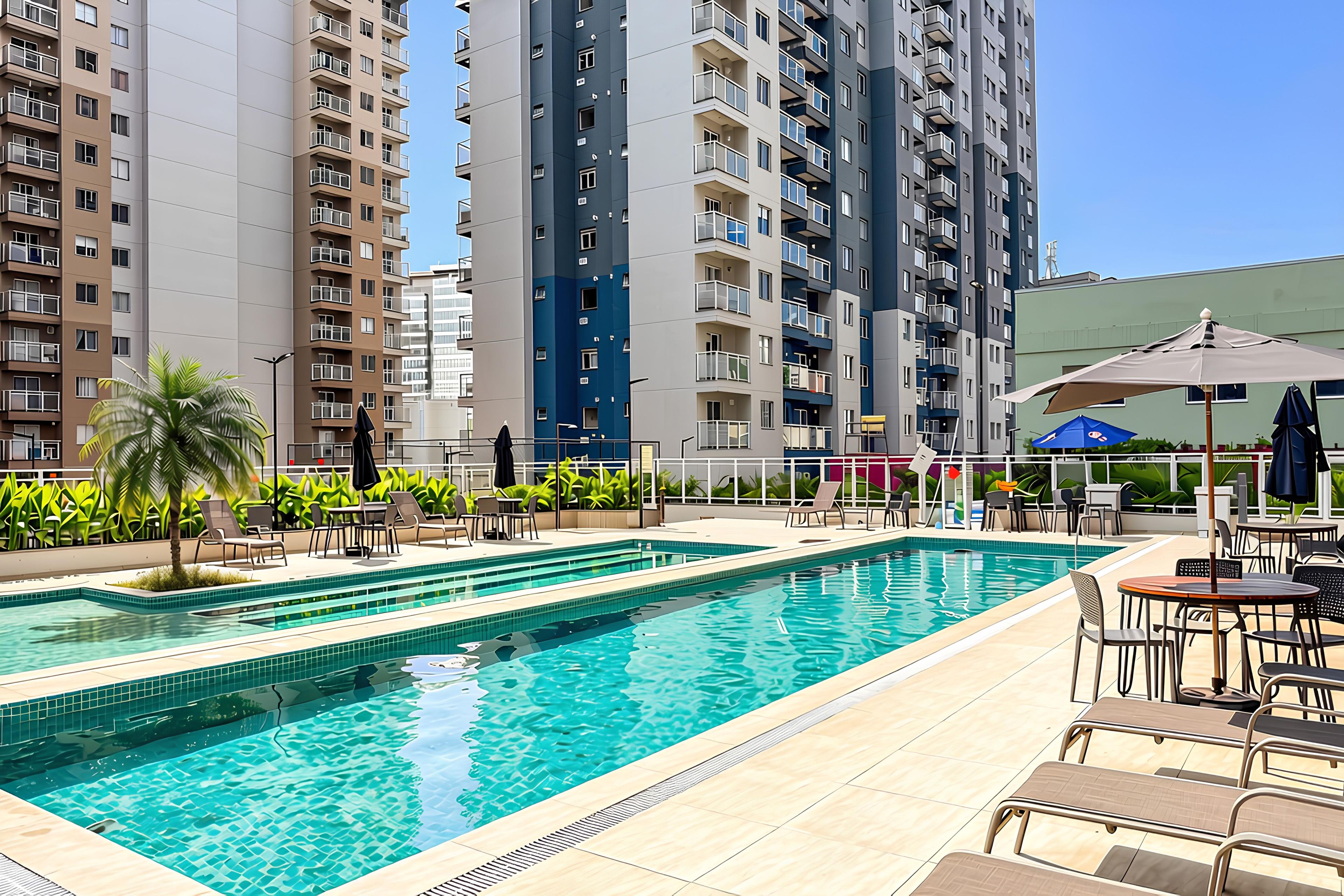 A swimming pool with lounge chairs and umbrellas, surrounded by high-rise residential buildings.