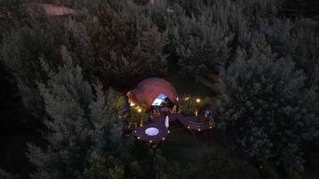 Vista aérea de una estructura en forma de cúpula rodeada de un bosque denso, con una terraza y un área de estar al aire libre.