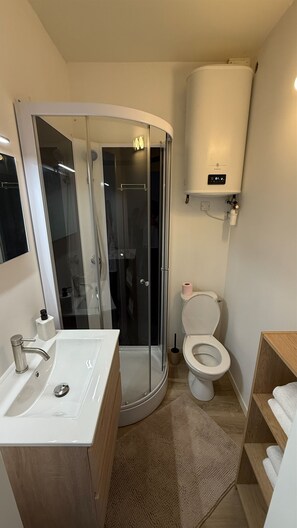 Douche, sèche-cheveux, serviettes fournies, papier toilette