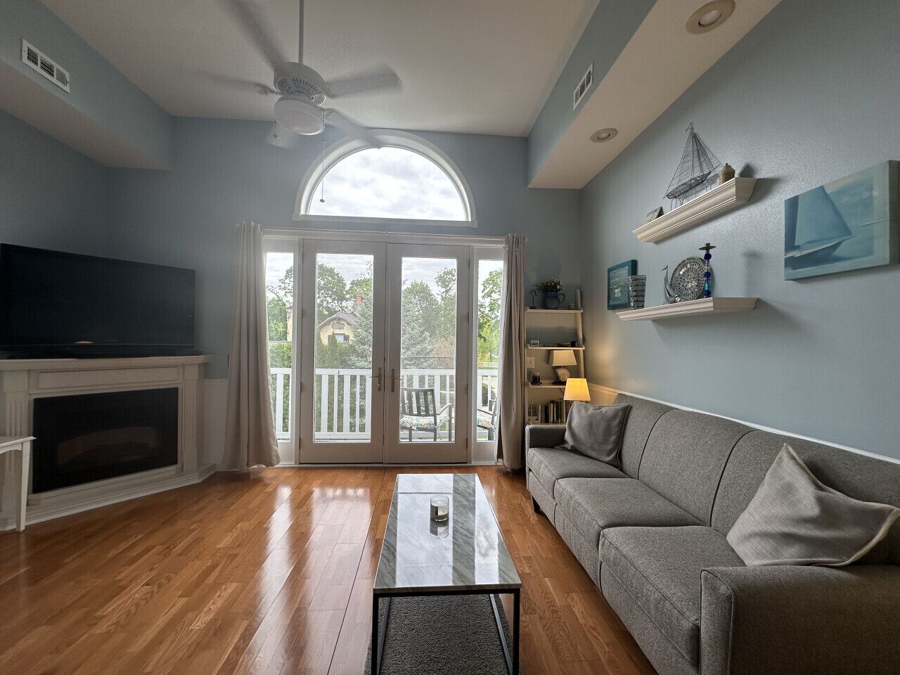 TV, fireplace, books, printers