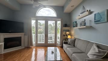 TV, fireplace, books, printers