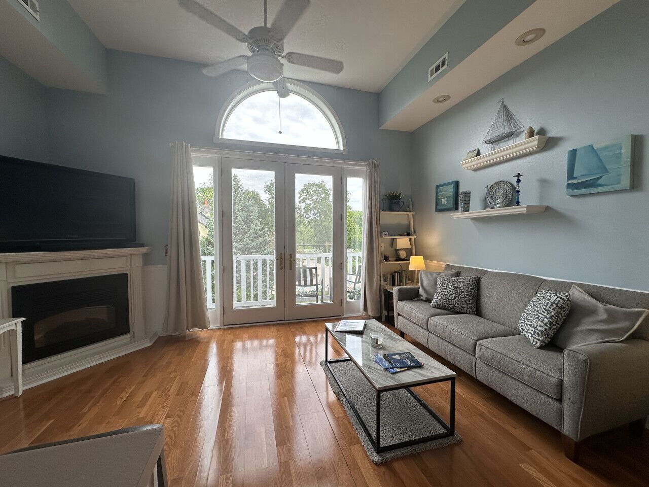 TV, fireplace, books, printers