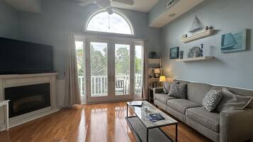 TV, fireplace, books, printers