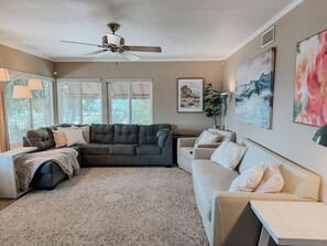 Smart TV, fireplace, books