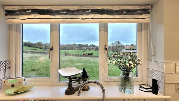 Eine Küche mit Fenster und Blick auf eine ländliche Landschaft, ein Radio, eine Vase mit Blumen und eine Kamera auf der Arbeitsplatte.