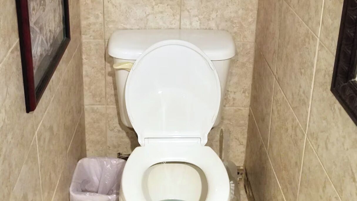Un baño pequeño con un inodoro blanco, un cesto de basura y un cuadro en la pared.