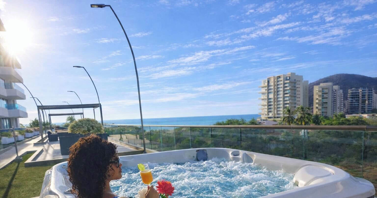 A person relaxing in a hot tub with a drink, overlooking a residential area and the ocean.