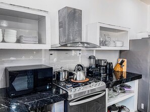 Fridge, microwave, oven, stovetop