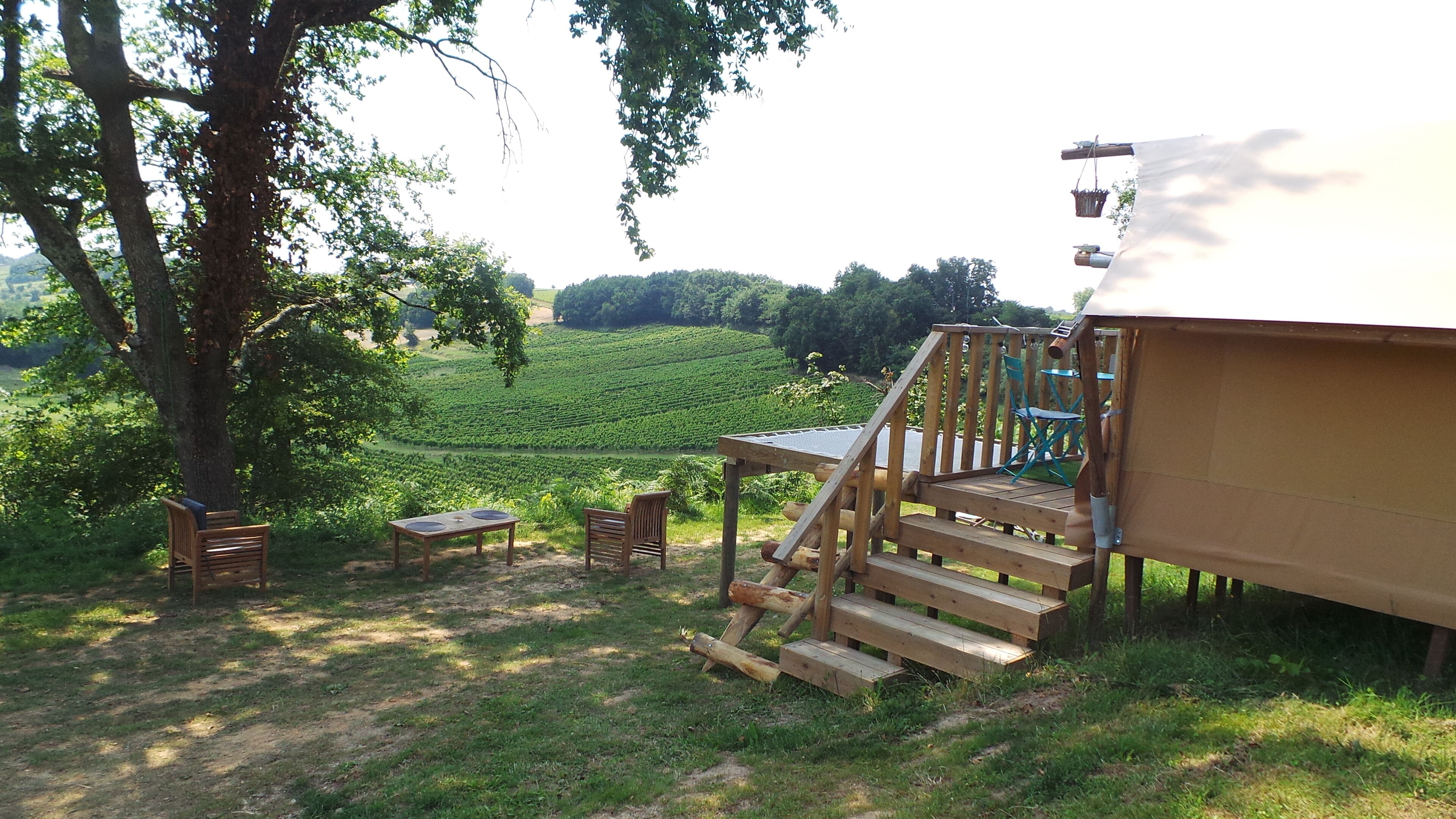 A rustic outdoor seating area with wooden benches and a table, overlooking a lush green field.