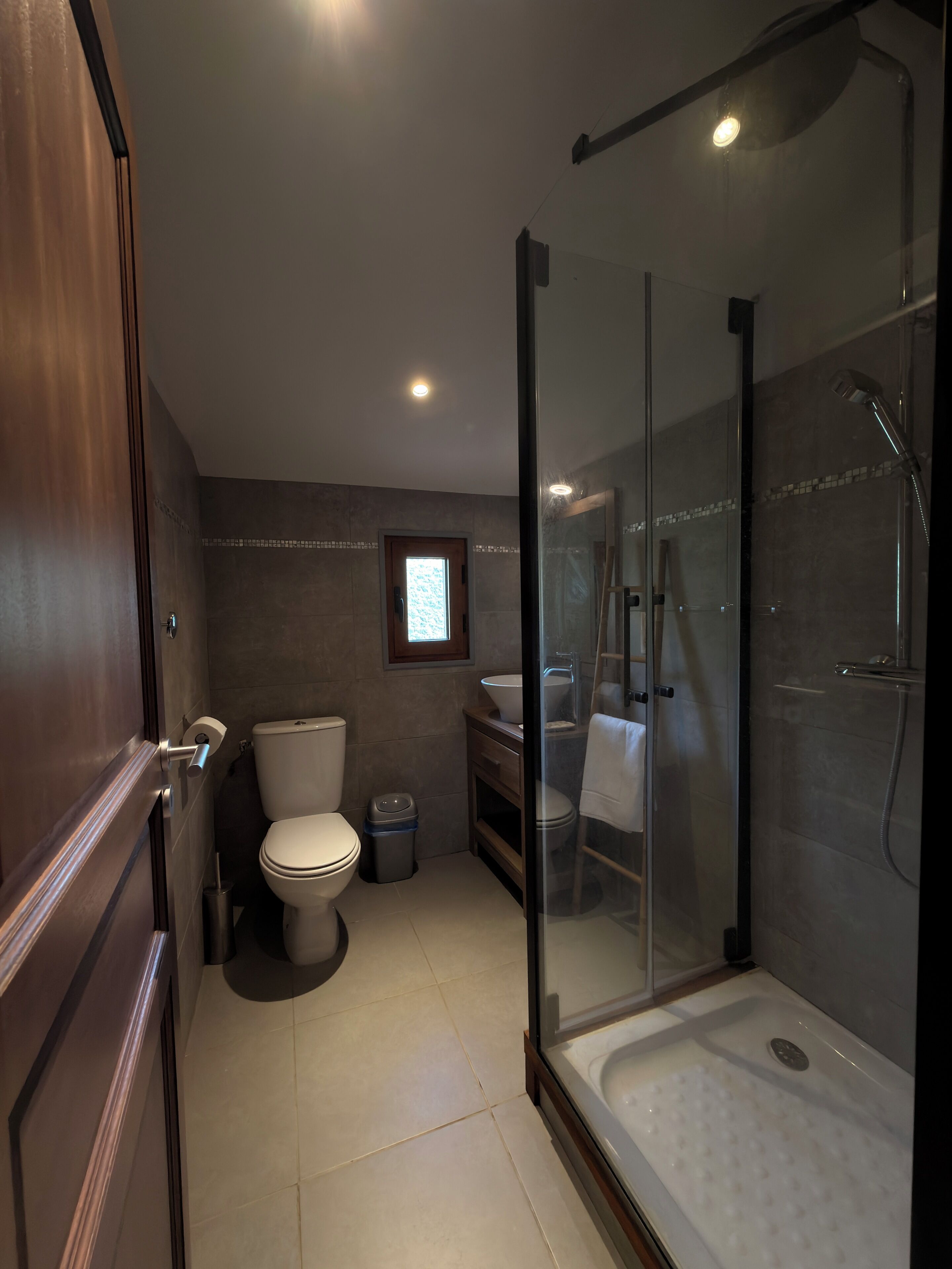 A modern bathroom with a glass-enclosed shower, a toilet, and a sink.