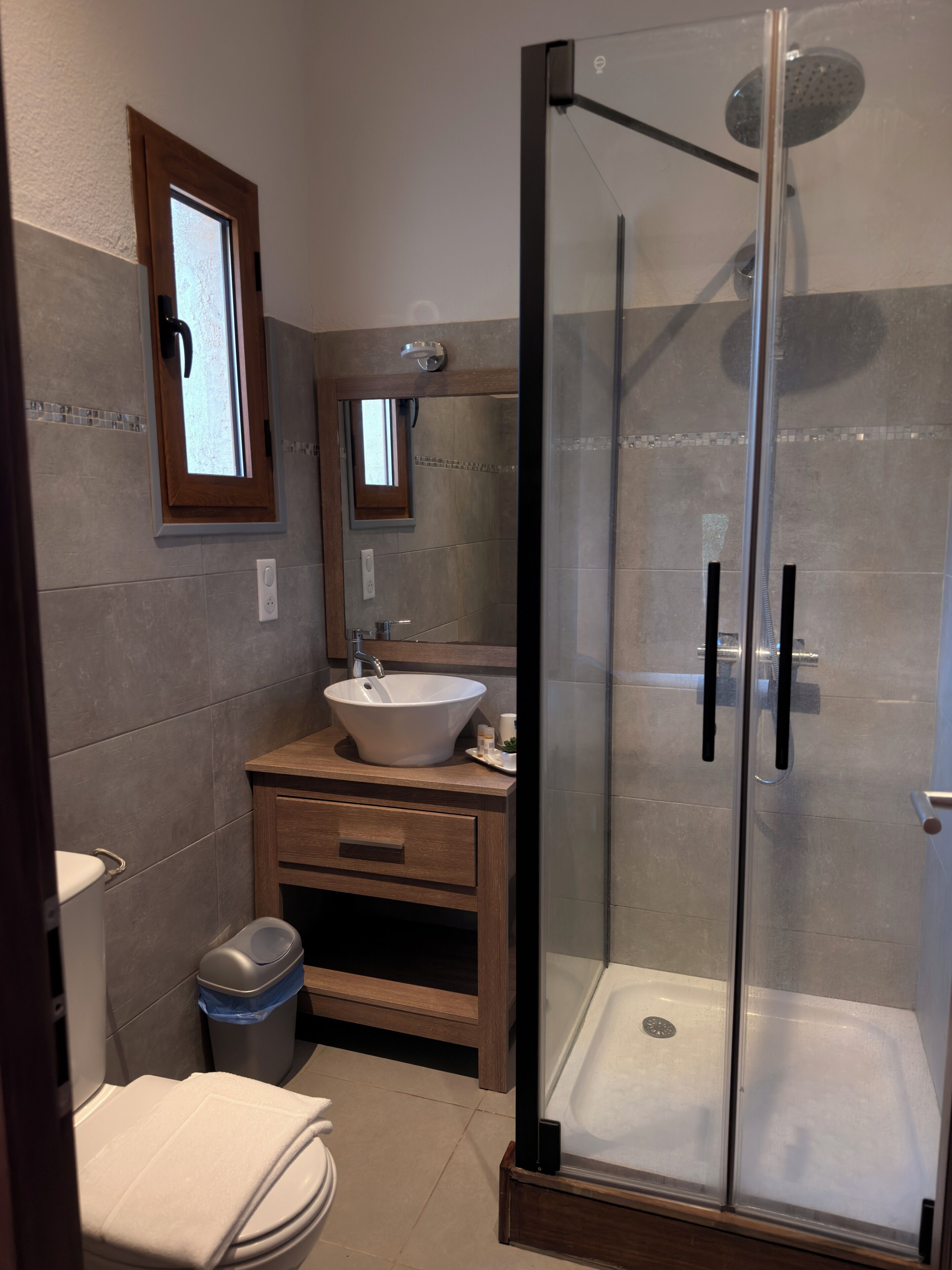 Tweepersoonskamer | Badkamer | Een douche, gratis toiletartikelen, een haardroger, handdoeken