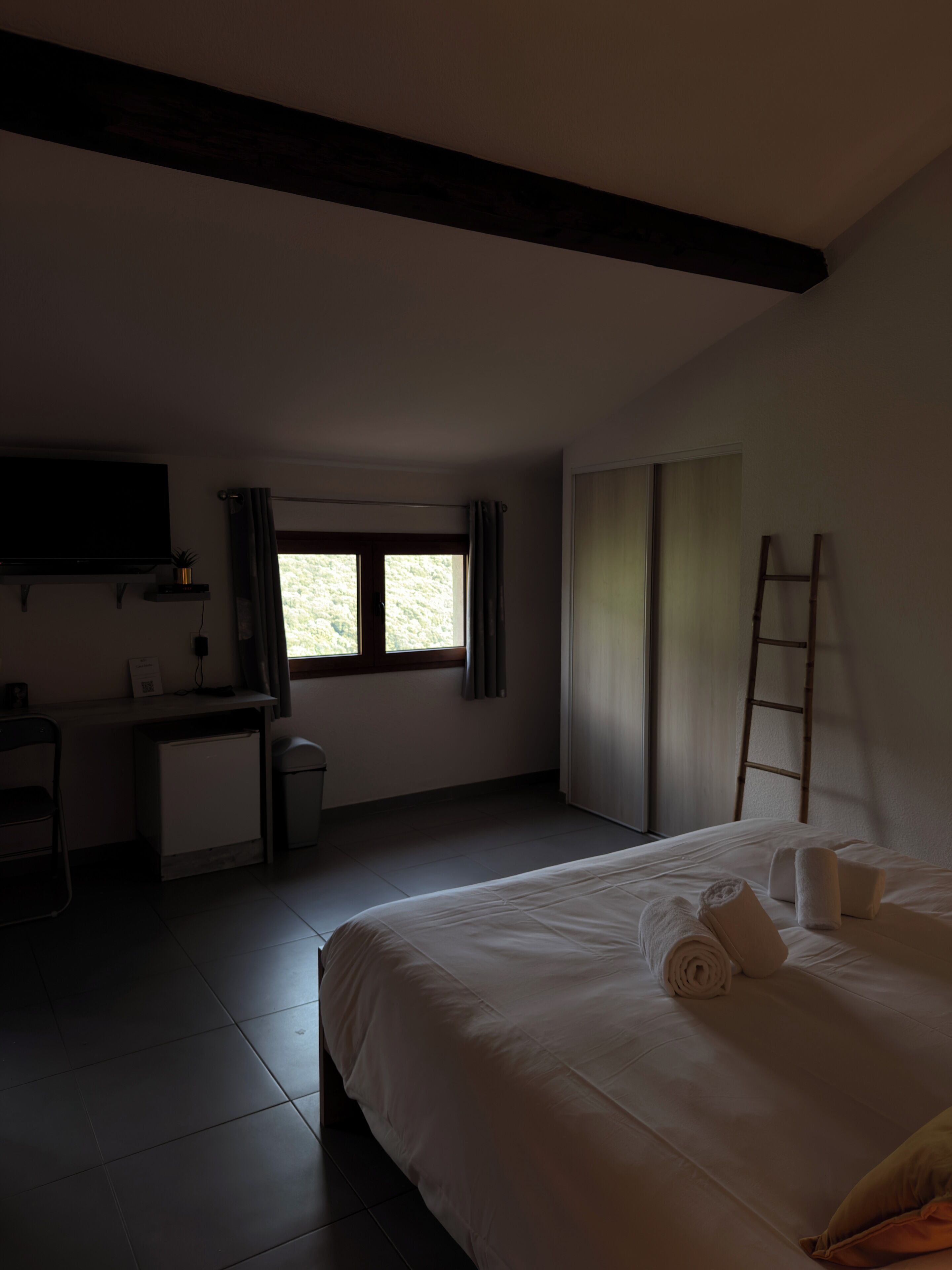 A hotel room with a bed, a desk, a TV, a window, and a ladder.