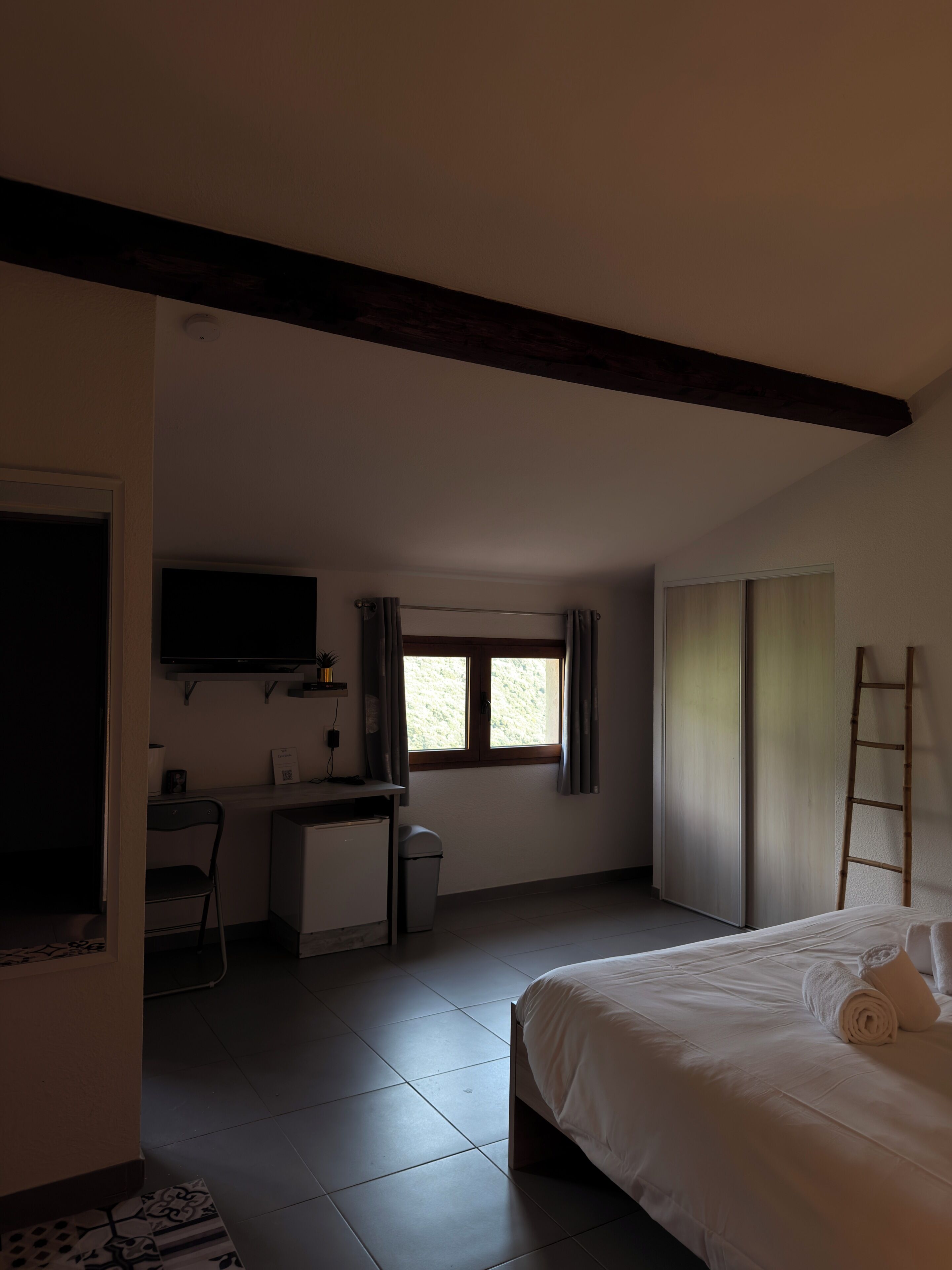 A bedroom with a bed, a desk, a chair, a TV, a window, and a ladder.