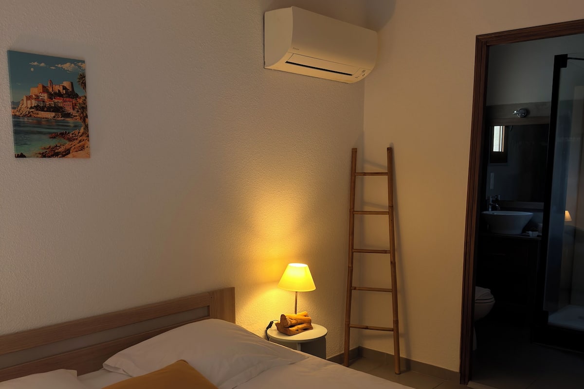 Habitación de hotel con cama, mesita de noche con lámpara, un cuadro, equipo de aire acondicionado y vista al baño.