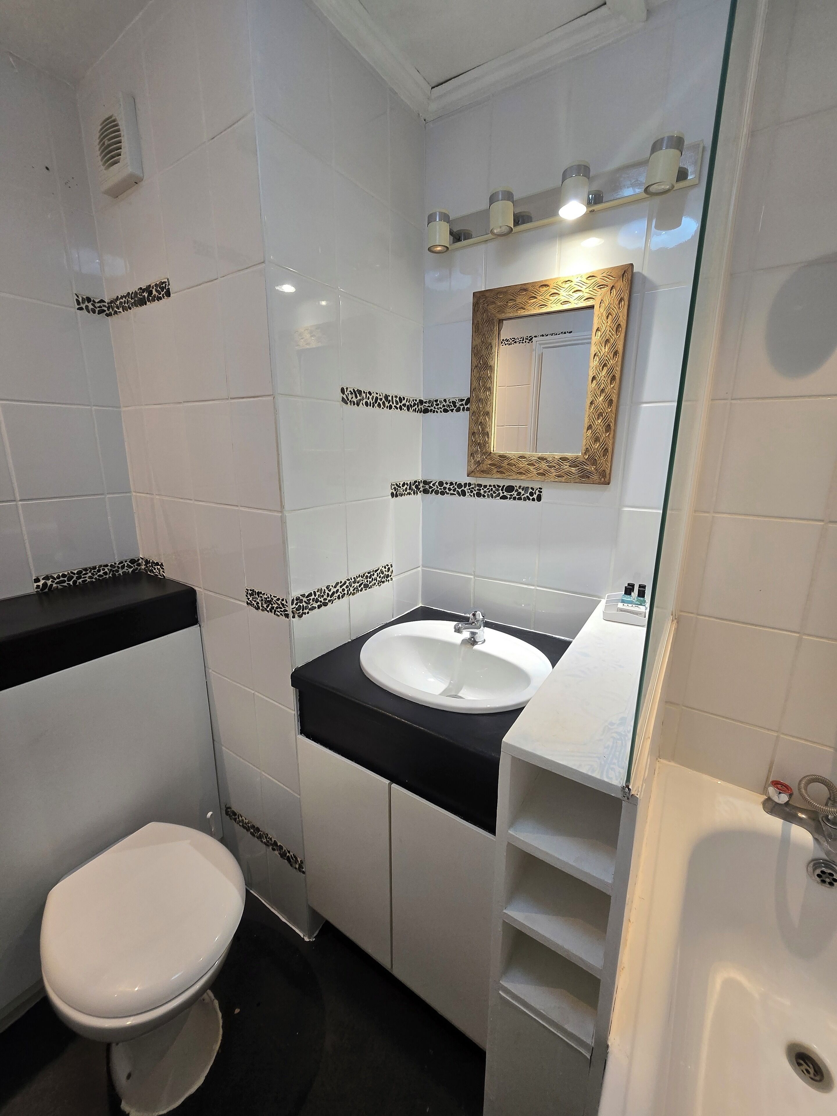 A bathroom with a white toilet, a sink with a black countertop, a mirror with a gold frame, and a shower area.