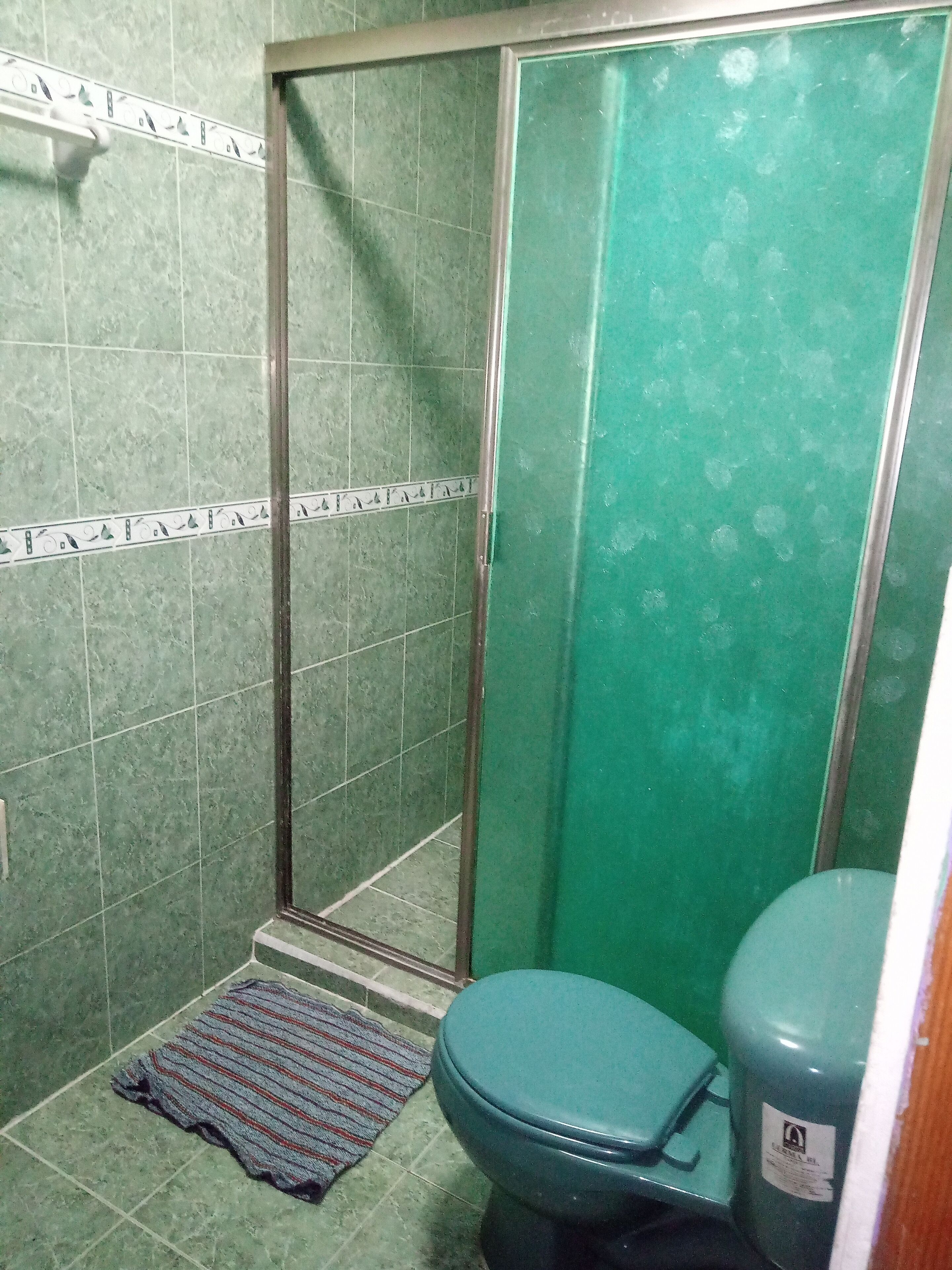 A bathroom with a shower enclosure, a toilet, and a patterned floor.