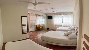 A room with two beds, a ceiling fan, a TV, and a chair. - Casa Laani (San Pedro Mixtepec)