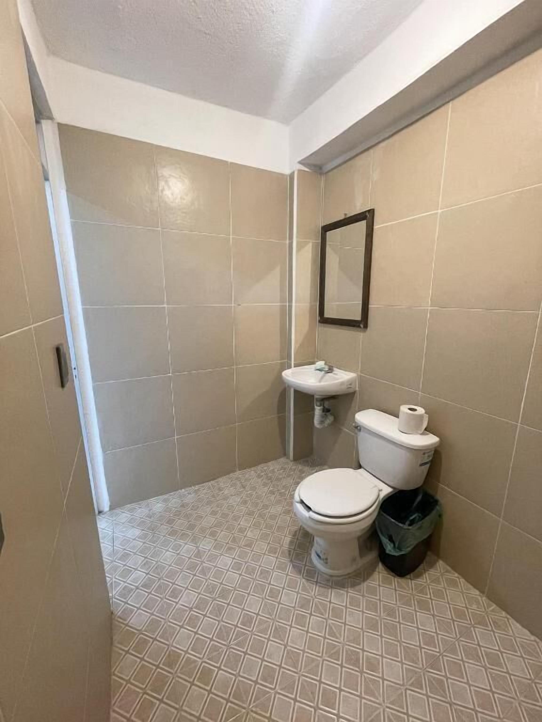 A small bathroom with a toilet, sink, and mirror.