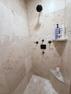 Hair dryer, towels, soap, toilet paper