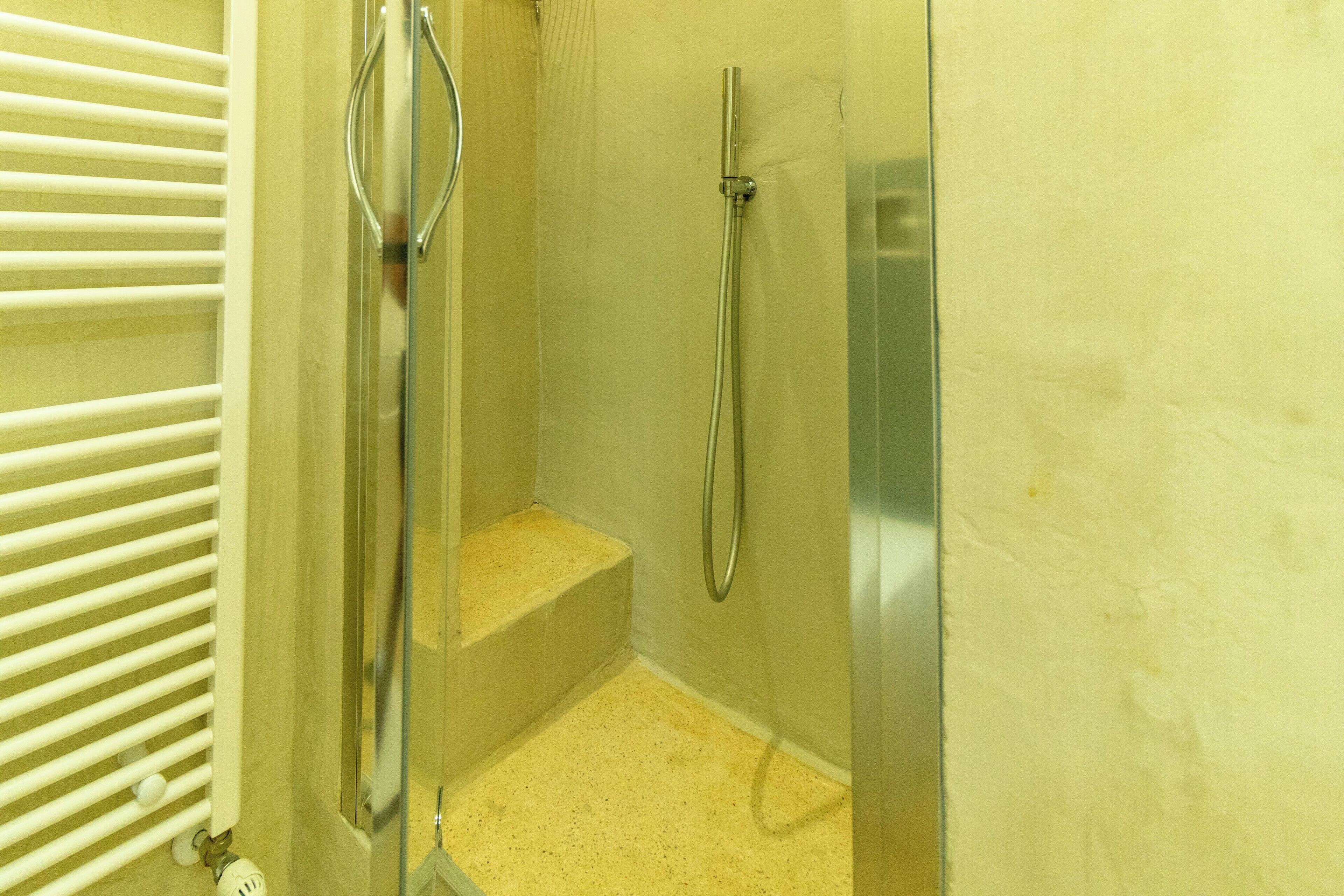 A small, enclosed shower area with a glass door, a metal showerhead, and a step leading up to the shower.