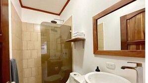Un bagno con doccia vetrata, un water bianco, un lavandino con specchio sopra e un armadietto in legno.
