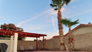 Una piscina con borde de azulejos, una palmera y un patio cubierto con sillas.