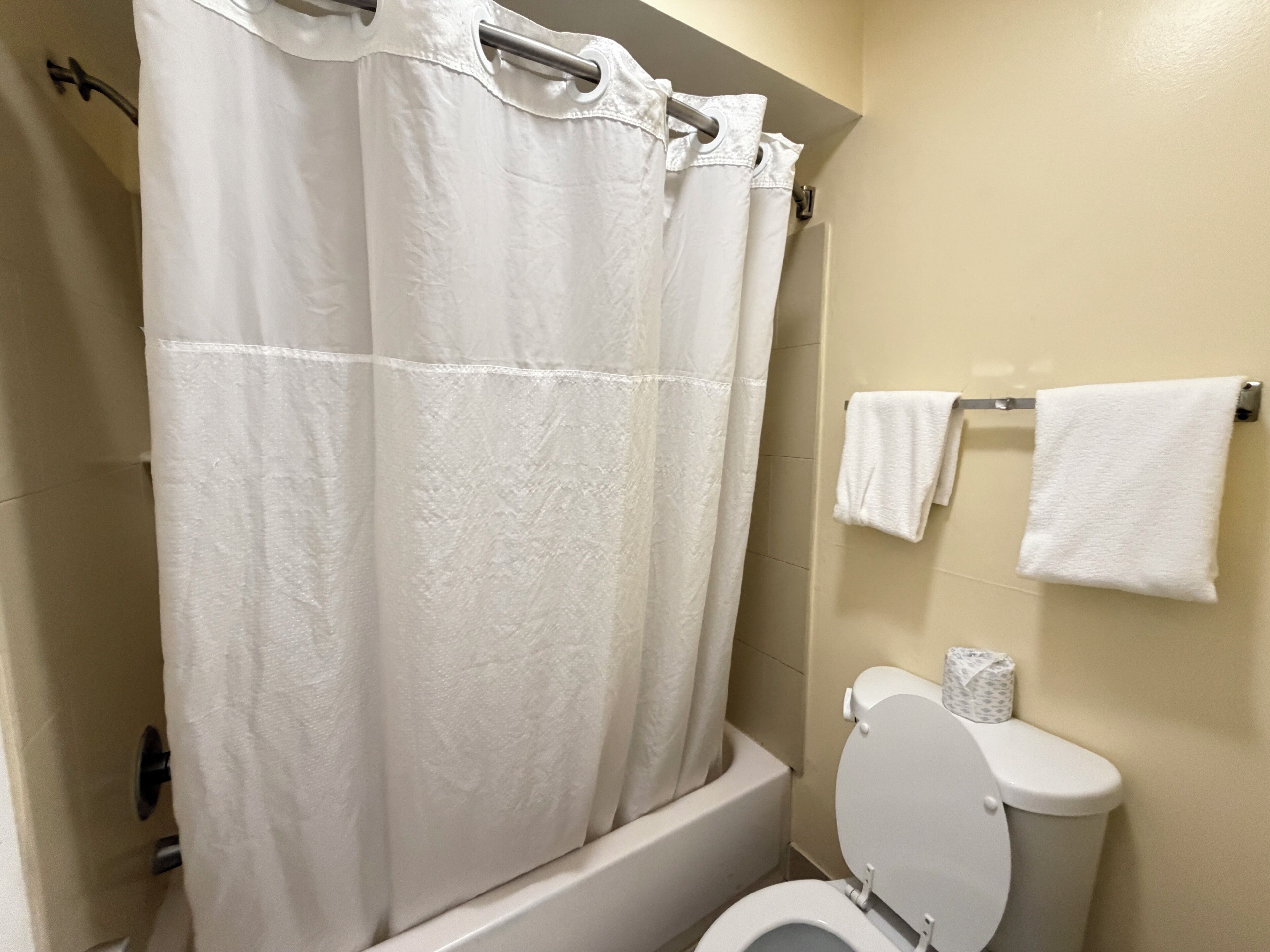 Ein Badezimmer mit Duschvorhang, Toilette und Handtuchhalter mit Handtüchern.
