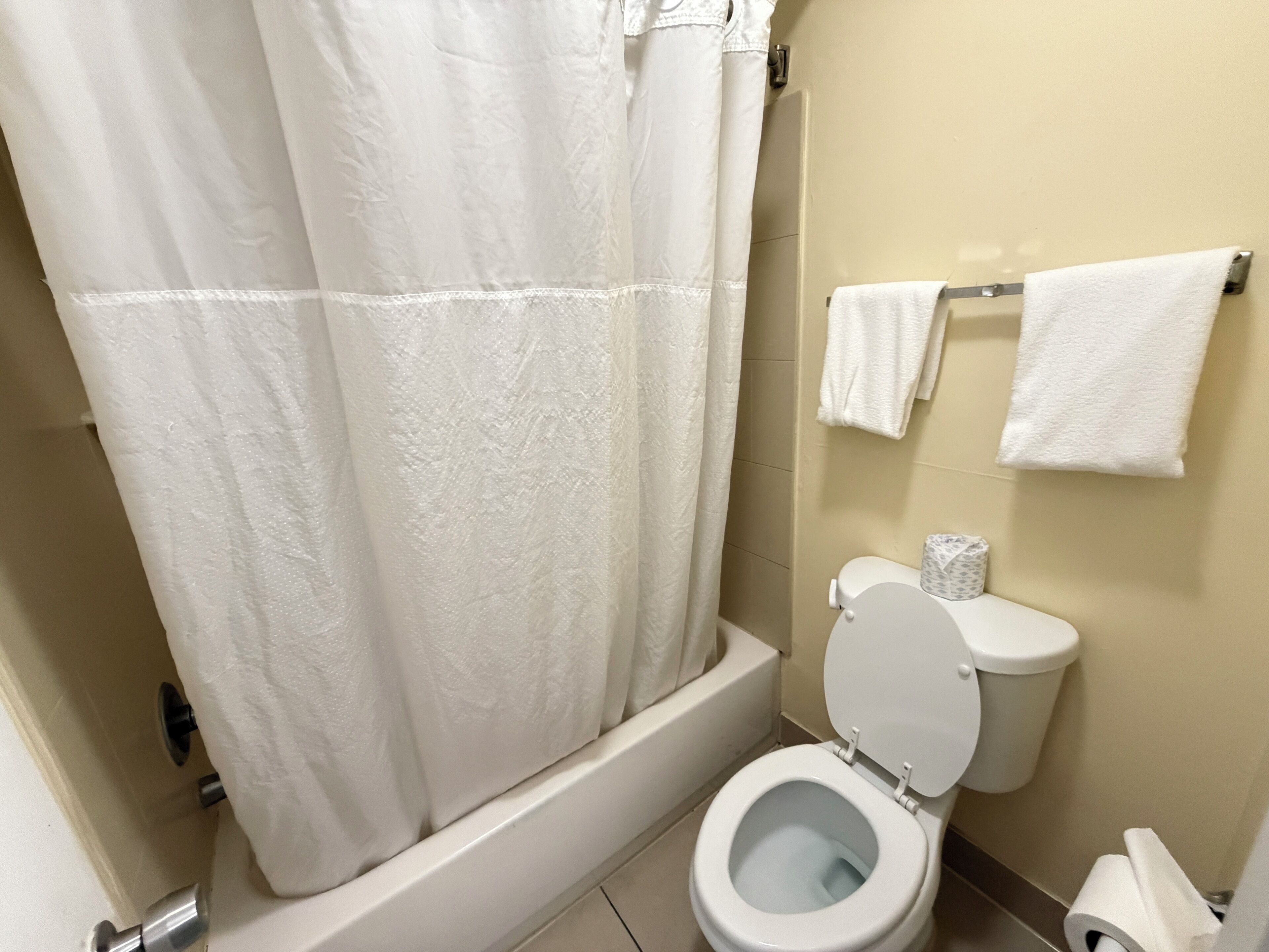 Une salle de bain avec une baignoire, des toilettes et un rideau de douche.