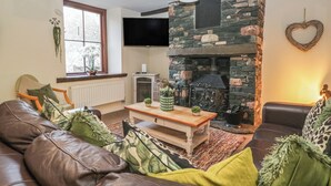 A cozy living room with a stone fireplace, leather sofa, and a television. - Birkbank Farm (Cockermouth)