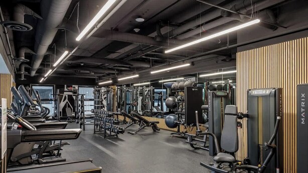 A gym with treadmills, weight machines, and exercise balls. - Sauna, Gym, Pool Table, Walk to Cafes & Sights (Calgary)