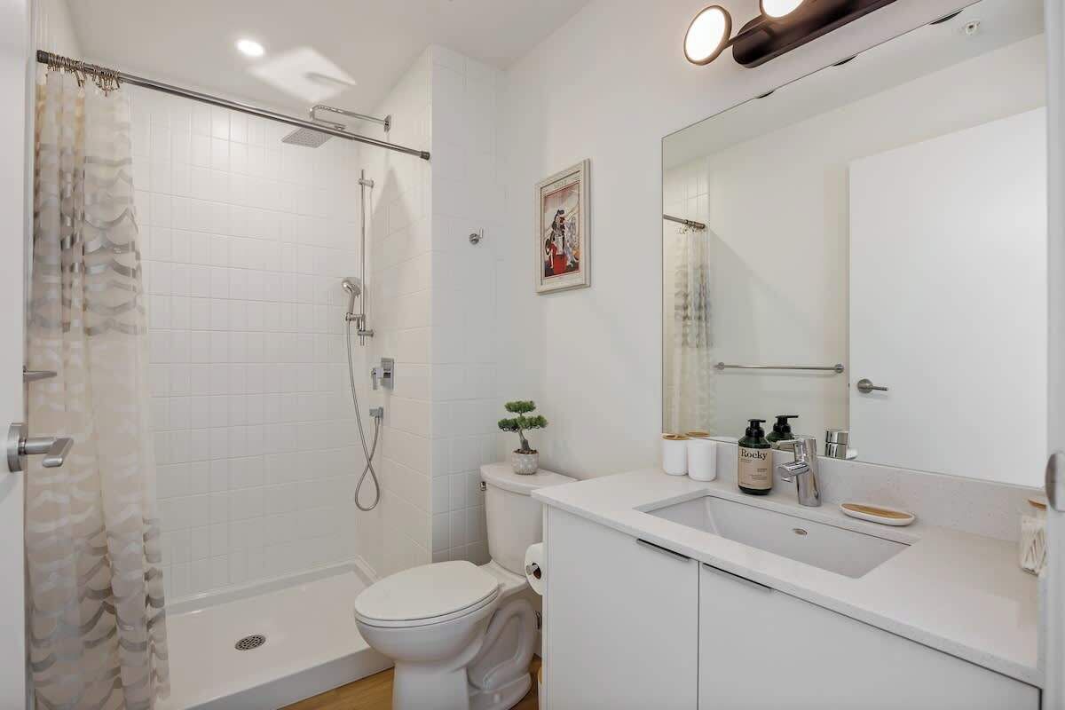 Shower, hair dryer, shampoo