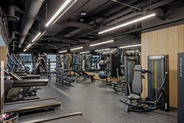 Ein Fitnessstudio mit Laufbändern, Kraftgeräten und Trainingsbällen.