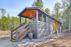 Exterior - Fire Pit, Deck! Modern Tiny Home in Piney Woods (Linden)