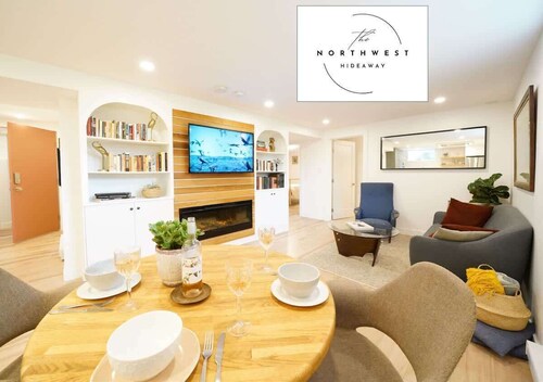 Your modern Northwest Hideaway Suite with cozy fireplace