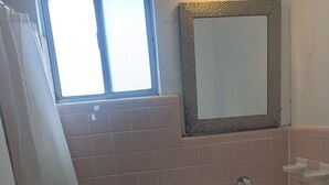 A bathroom with a toilet, sink, and mirror. - Southland Motor Lodge (Brownstown Township)